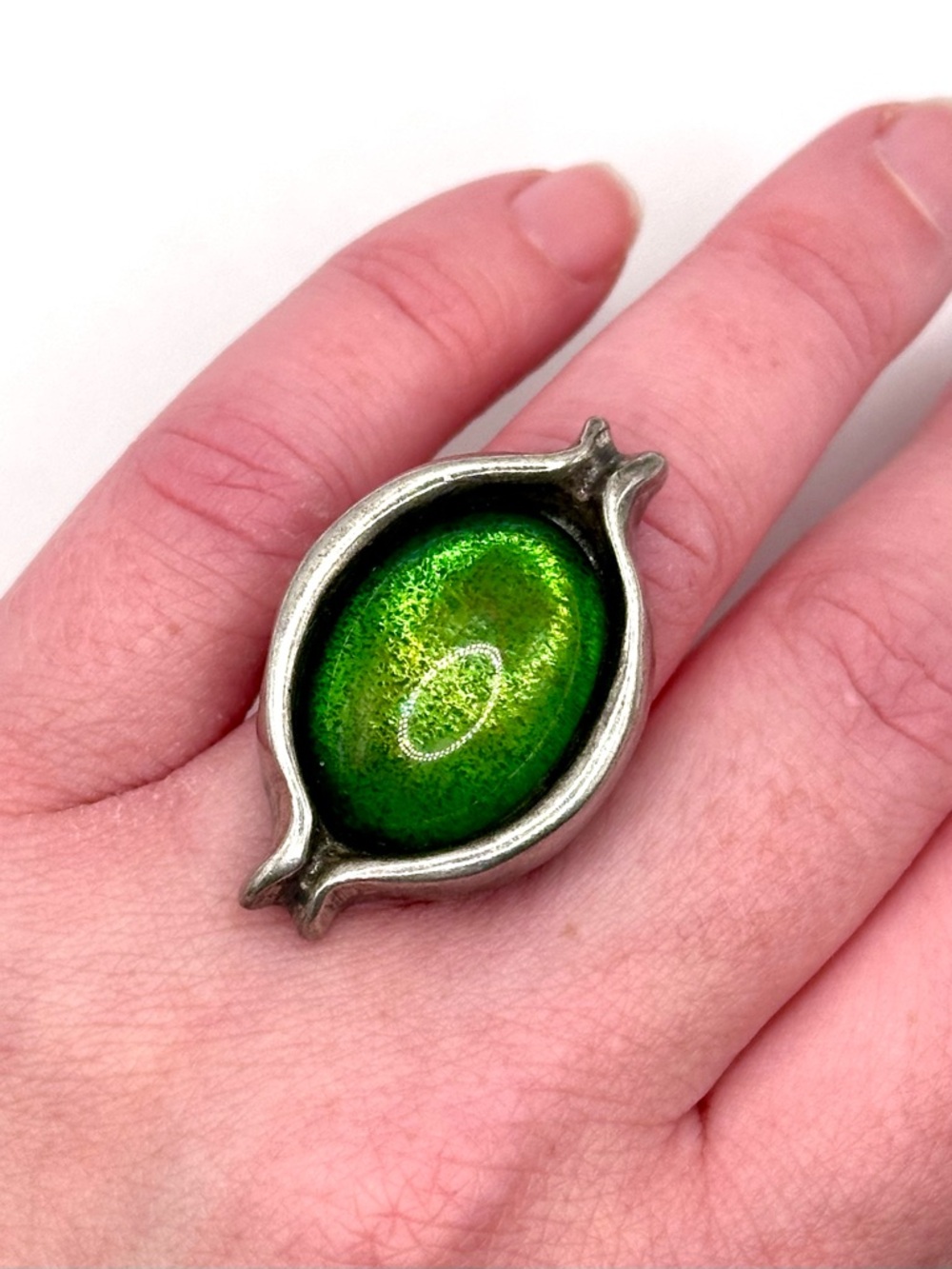 Uno de 50 Huge Sterling Silver Ring Green Cabochon Size 6 Modernist Statement